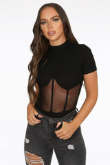 Netted Trim High Neck Ribbed Bodysuit