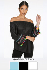 Embroidered Cuffs Off Shoulder Tops