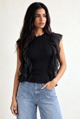 Ribbed High Neck Frilled Crop Tops