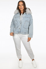 Denim Blue Fur Trim Lace Back Jackets