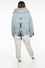 Denim Blue Fur Trim Lace Back Jackets