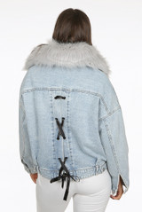 Denim Blue Fur Trim Lace Back Jackets