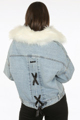 Denim Blue Fur Trim Lace Back Jackets