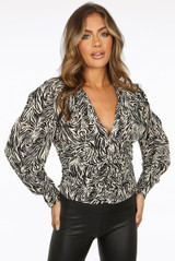 Animal Print Layered Button Trim Low Neck Blouse