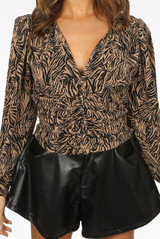 Animal Print Layered Button Trim Low Neck Blouse