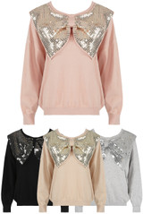 Sequin Bow Trim Round Neck Jumper