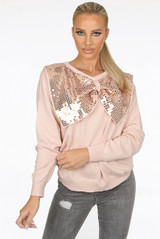 Sequin Bow Trim Round Neck Jumper