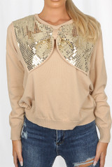 Sequin Bow Trim Round Neck Jumper