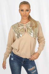 Sequin Bow Trim Round Neck Jumper