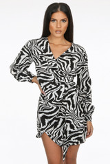 Zebra Print Low Neck Wrap Up Dress