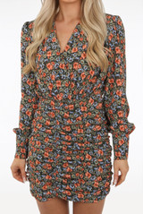 Flower Print Front Ruched Wrap Dress