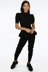 Knitted Short Sleeve Peplum Top & Trouser Set