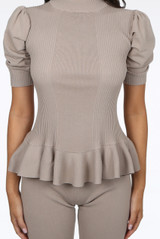 Knitted Short Sleeve Peplum Top & Trouser Set