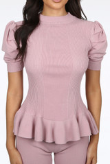 Knitted Short Sleeve Peplum Top & Trouser Set