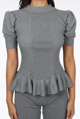 Knitted Short Sleeve Peplum Top & Trouser Set