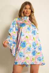 Shiny Floral Print Open Back Shift Dress