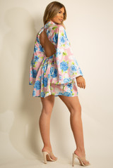 Shiny Floral Print Open Back Shift Dress