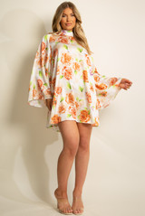 Shiny Floral Print Open Back Shift Dress