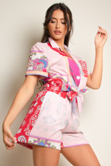 Scarf Print Knotted Shirt & Shorts Set 