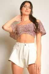 Floral Print Ruched Low Neck Crop Tops