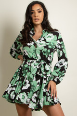 Floral Print Belted Flare Shirt Dress