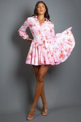 Floral Print Belted Flare Shirt Dress