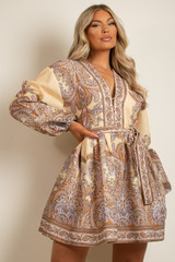Paisley Print Belted Flare Mini Dress