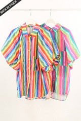 Striped Rainbow Blouse With Balloon Sleeve