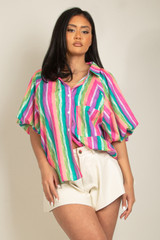 Striped Rainbow Blouse With Balloon Sleeve