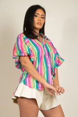 Striped Rainbow Blouse With Balloon Sleeve
