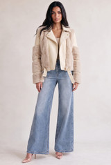 PU Faux Fur Trim Biker Jacket