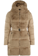 Belted Faux Fur Trim Midi Puffer Coat