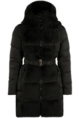 Belted Faux Fur Trim Midi Puffer Coat