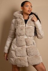 Belted Faux Fur Trim Midi Puffer Coat