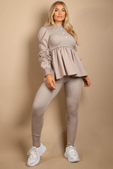 Ruched Sleeve Knitted Peplum Top & Trouser Set