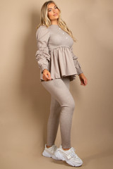 Ruched Sleeve Knitted Peplum Top & Trouser Set