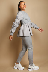 Ruched Sleeve Knitted Peplum Top & Trouser Set