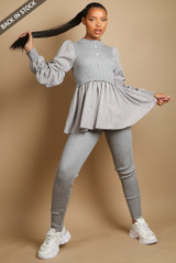 Ruched Sleeve Knitted Peplum Top & Trouser Set