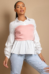 Contrast Ribbed Top With Shirt Hem