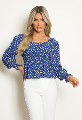 Blue Dalmation Print Round Neck Shirred Blouse