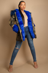 Camouflage Blue Fur Hood Parka Coat