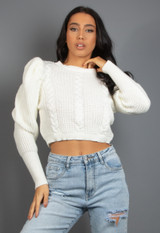 Cable Knit Jumper With Puff Sleeve