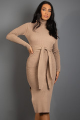 Roll Neck Belted Sides Slit Midi Dress