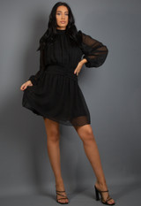 Frilled High Neck Chiffon Mini Dress