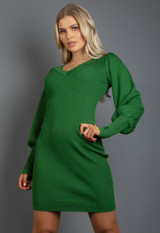 V Neck Fine Knit Puff Sleeve Midi Dress