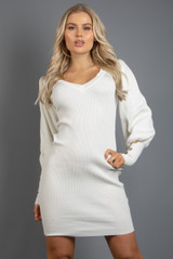 V Neck Fine Knit Puff Sleeve Midi Dress