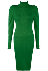 Ribbed Roll Neck Pleated Shoulder Midi Dress