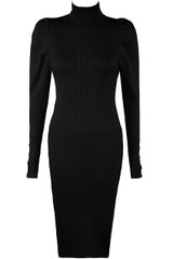 Ribbed Roll Neck Pleated Shoulder Midi Dress