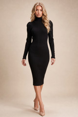 Ribbed Roll Neck Pleated Shoulder Midi Dress