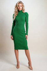 Ribbed Roll Neck Pleated Shoulder Midi Dress